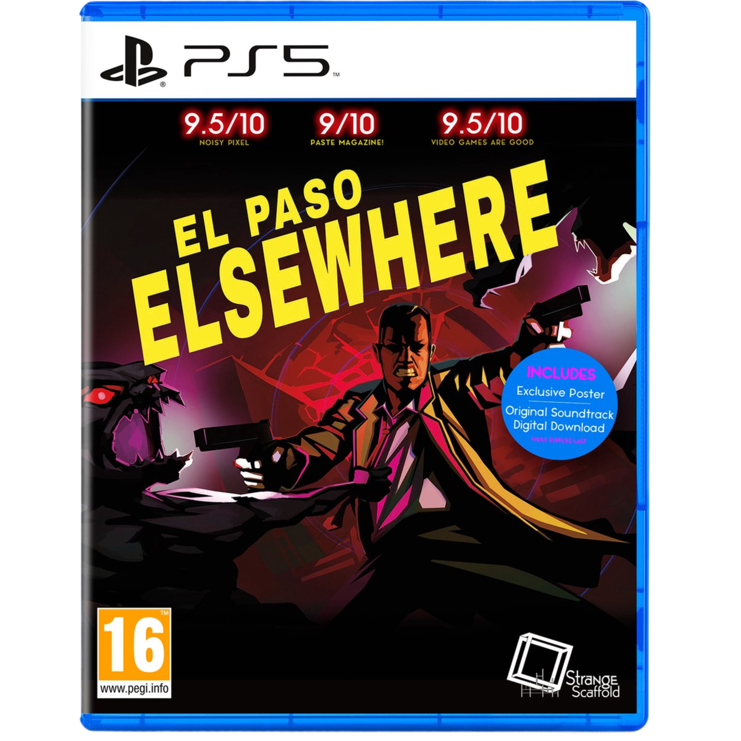 PS5 game cover, El Paso Elsewhere, met een man met wapens, beoordelingen en een logo.