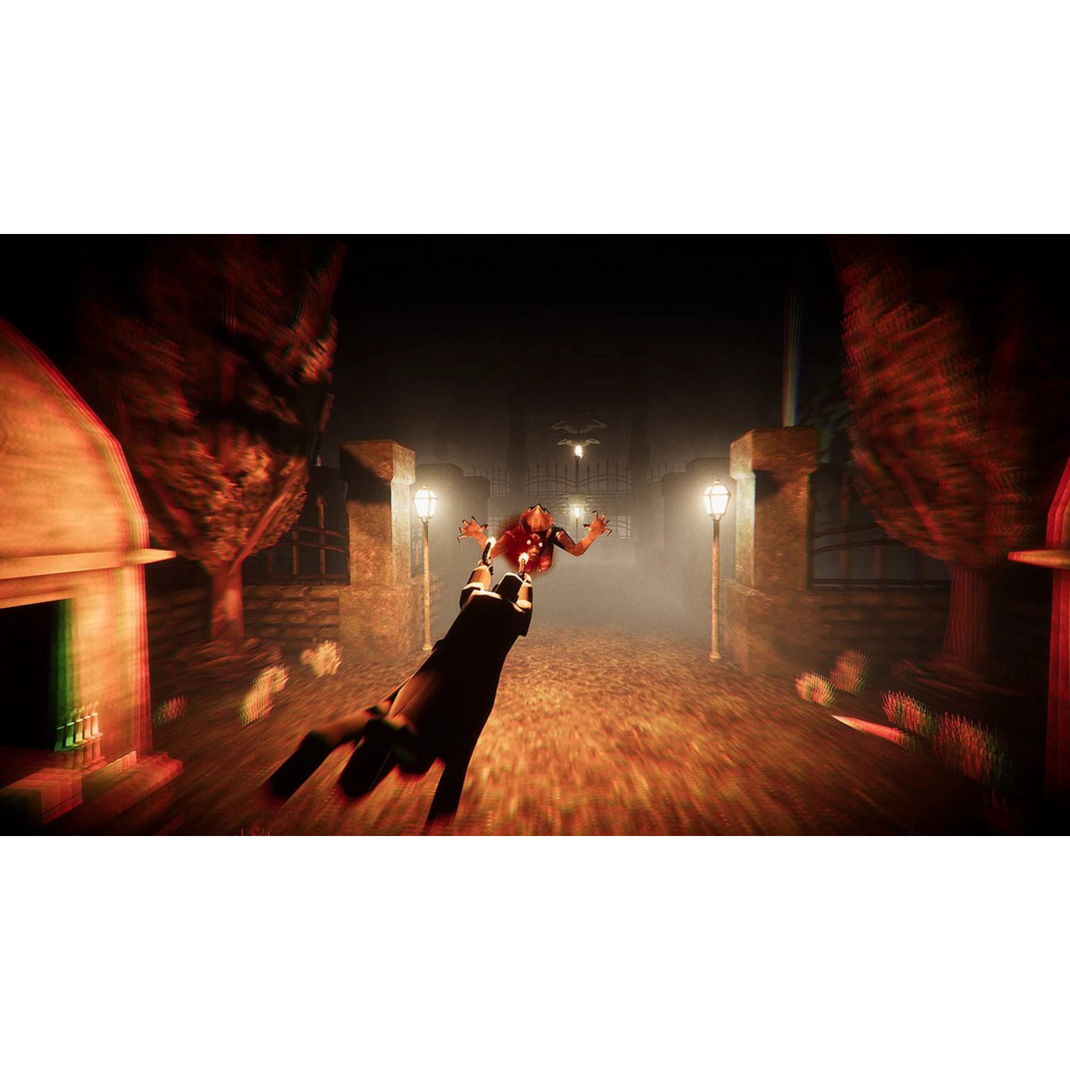 Een donkere, horrorthema videogame scene. Een persoon wordt naar een eng monster in de mist getrokken.