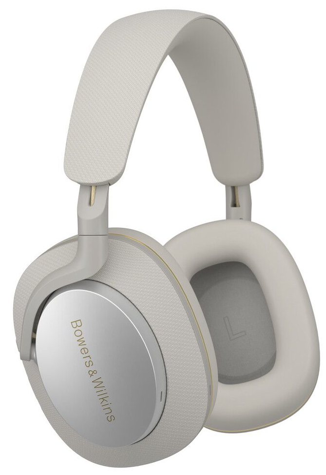 Kremowe słuchawki z logo Bowers & Wilkins.