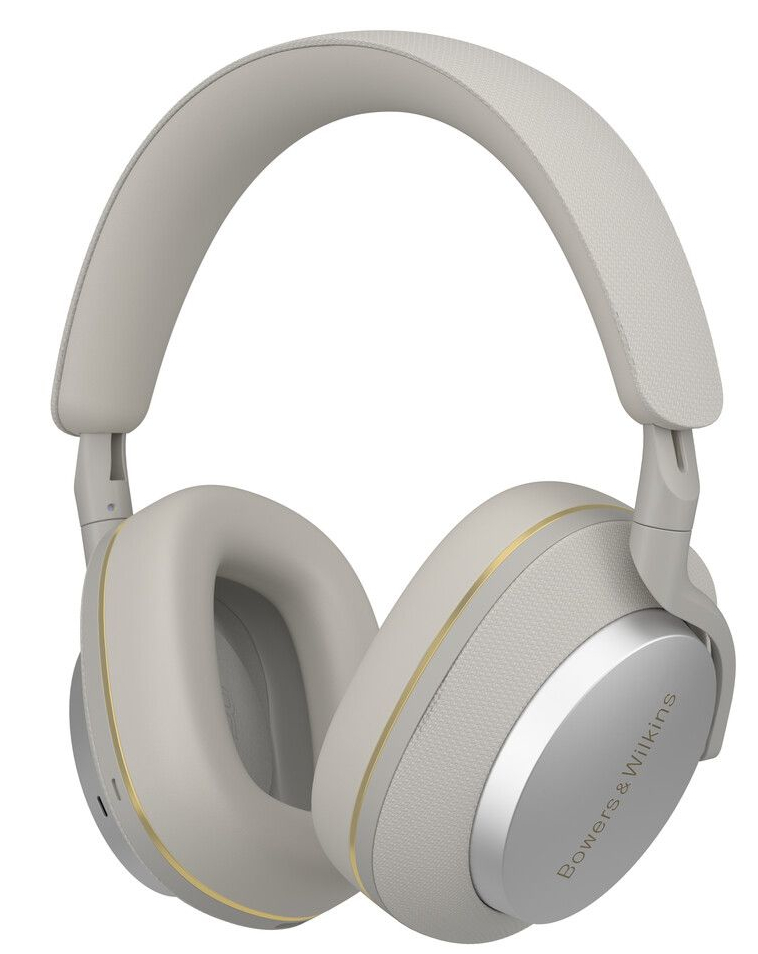 Beżowe słuchawki Bowers & Wilkins. Mają jasną kolorystykę i minimalistyczny design.