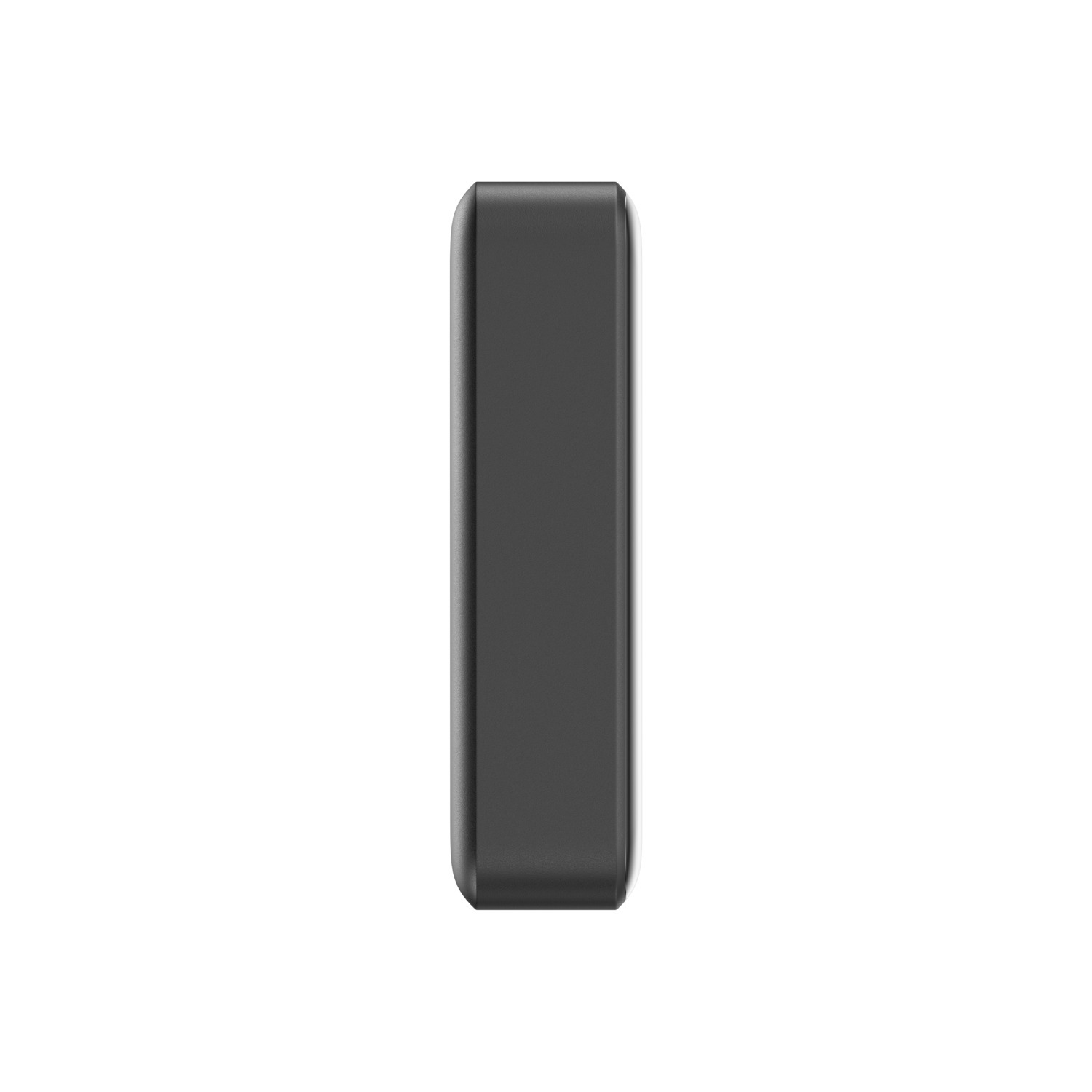 Vue latérale d'une batterie externe rectangulaire noire, montrant des bords lisses et un design épuré.