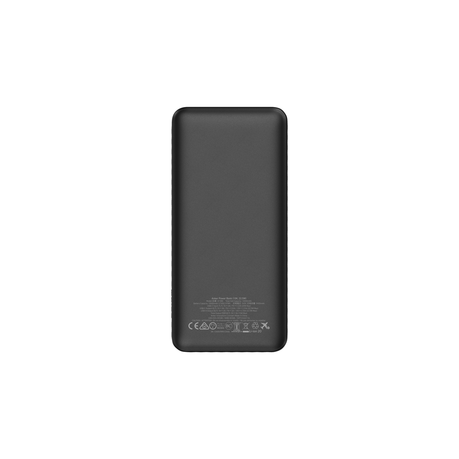 Batterie externe noire sur fond blanc, avec texte et logos au dos.
