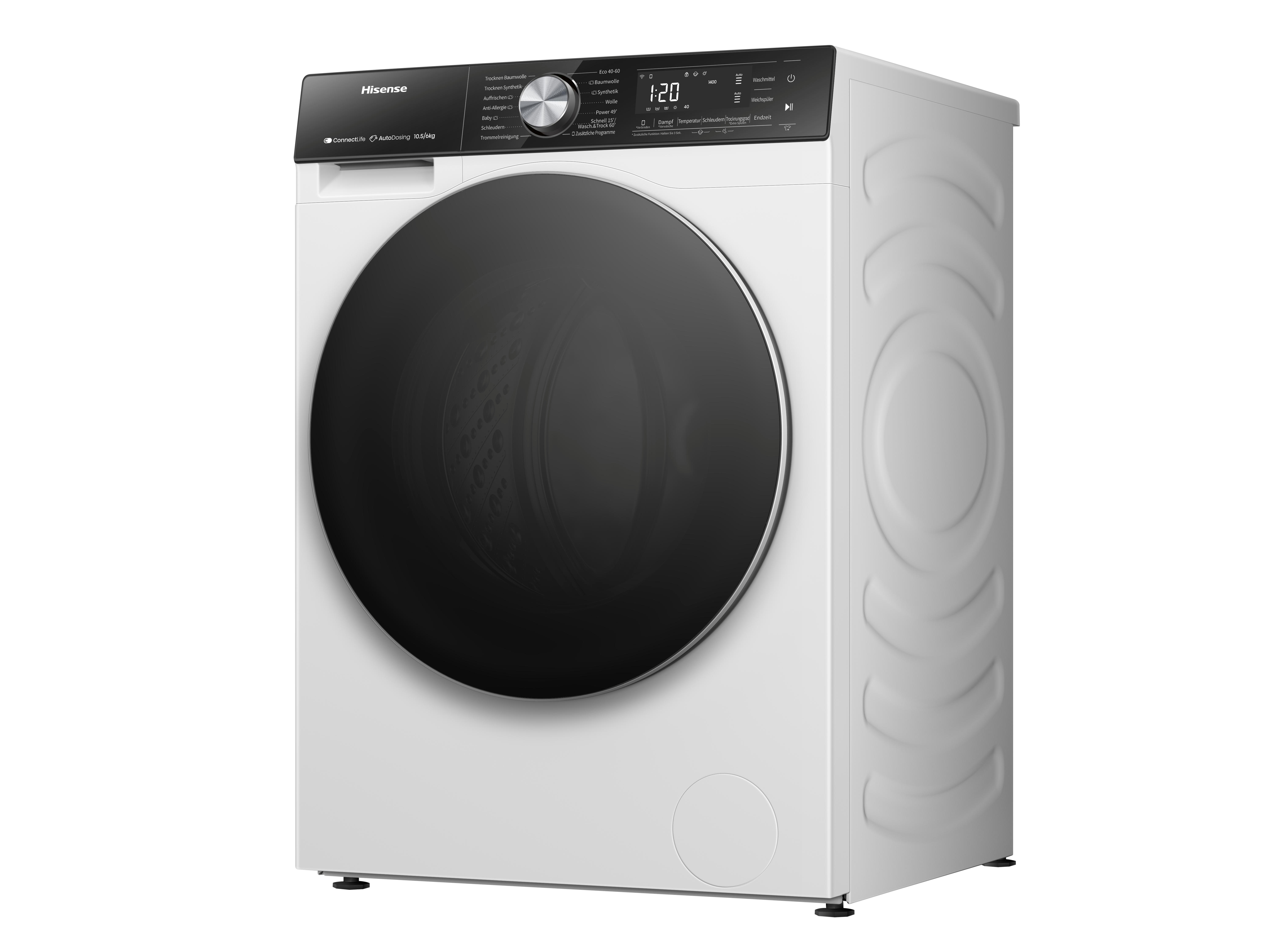 Weiße Hisense Waschmaschine mit schwarzer Tür und Bedienfeld. Weißer Hintergrund.