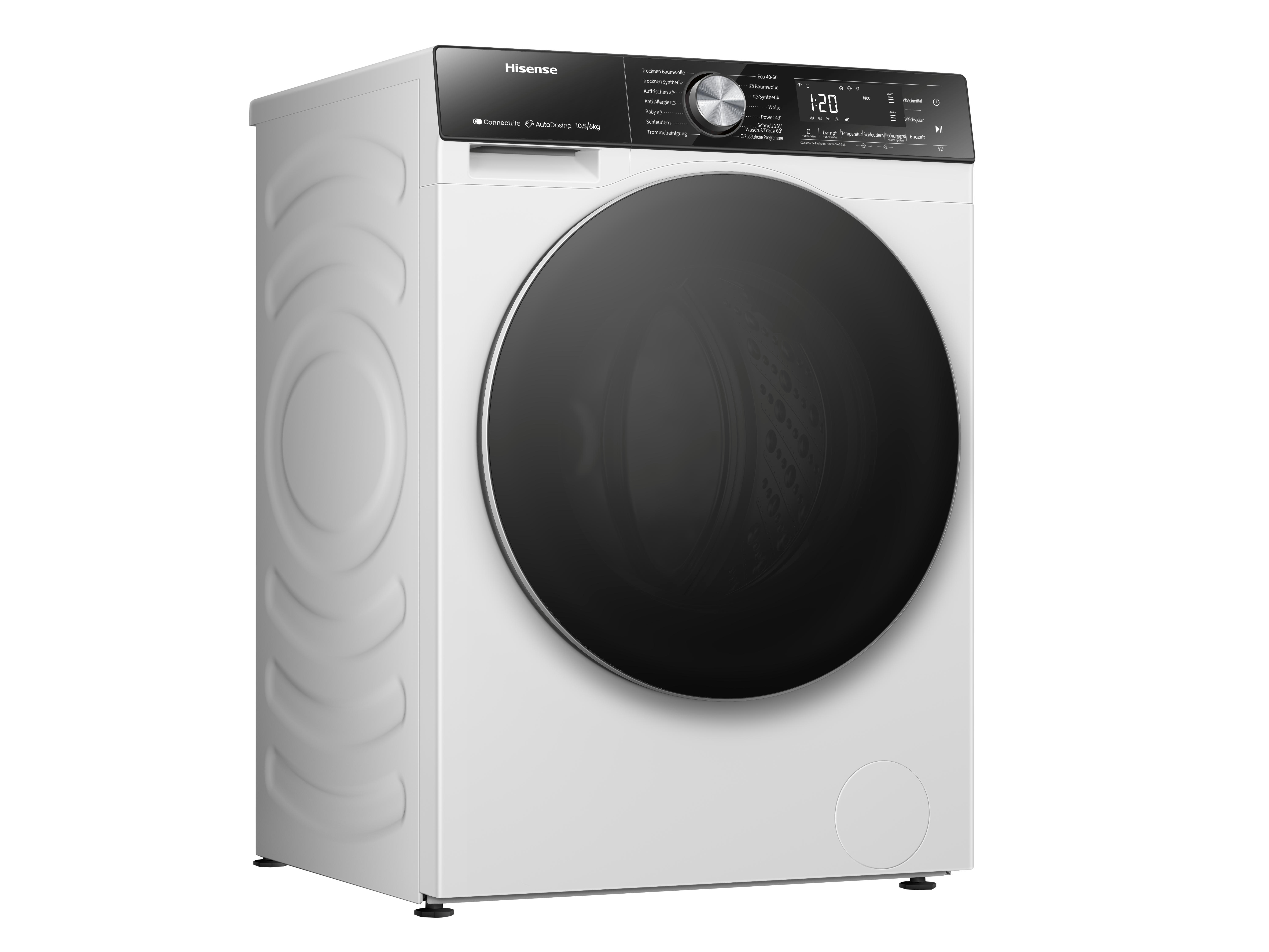 Eine weiße Hisense Waschmaschine mit schwarzer Tür.