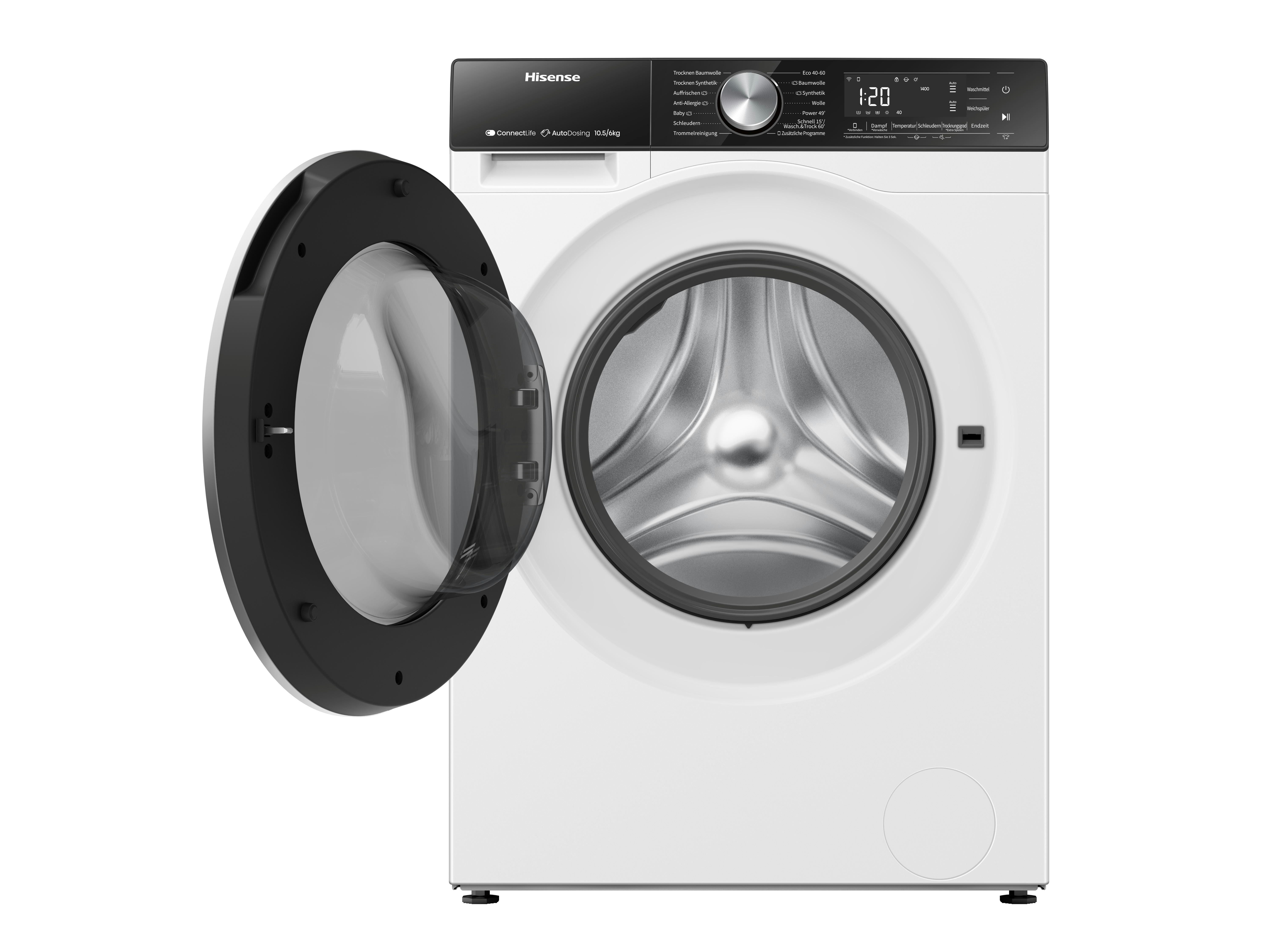 Eine weiße Hisense Waschmaschine mit geöffneter Tür und einem schwarzen Bedienfeld.