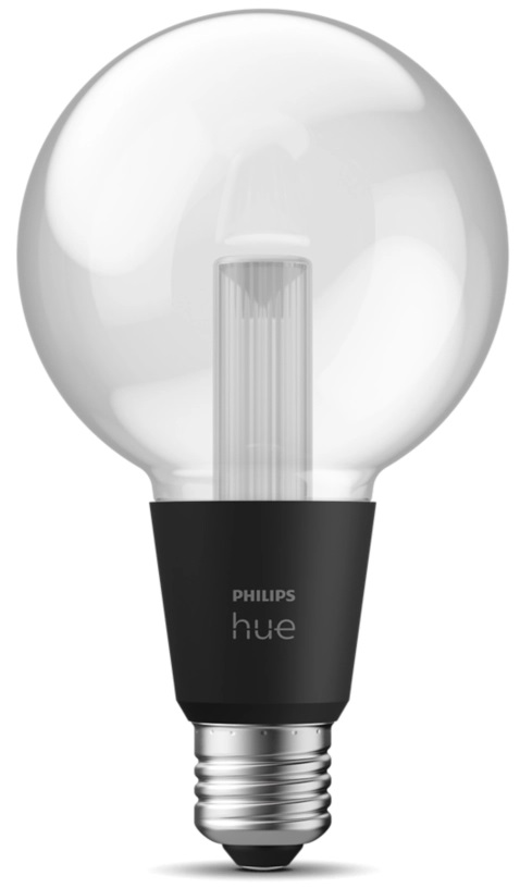 Duża, okrągła żarówka z czarną podstawą i srebrnymi akcentami.