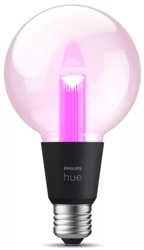 Żarówka Philips Hue. Czarna podstawa, różowy blask, widoczny kształt żarówki.