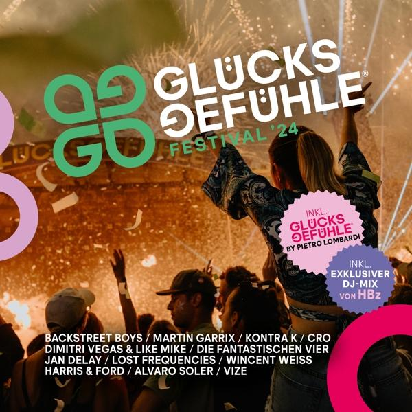 Festivalplakat mit Text 'Glücksgefühle Festival' und verschiedenen Künstlernamen. Buntes Design.
