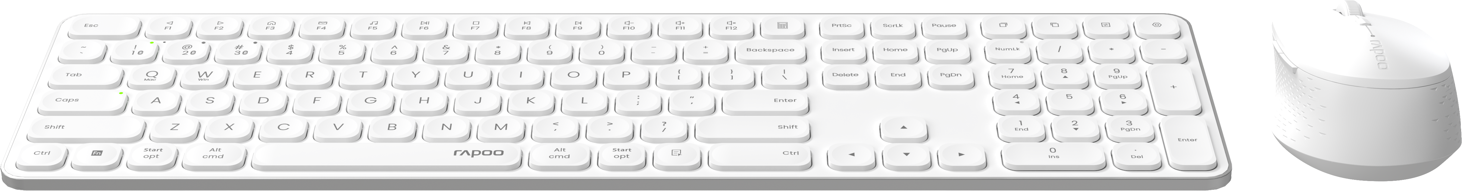 Un ensemble clavier et souris blancs. Le clavier possède de nombreuses touches, la souris deux boutons latéraux et une molette.