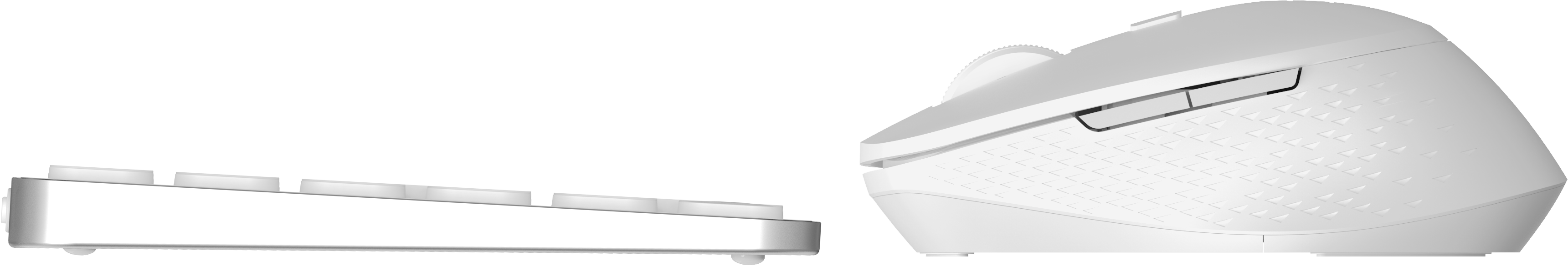 Clavier et souris blancs. Le clavier est à gauche et la souris à droite.