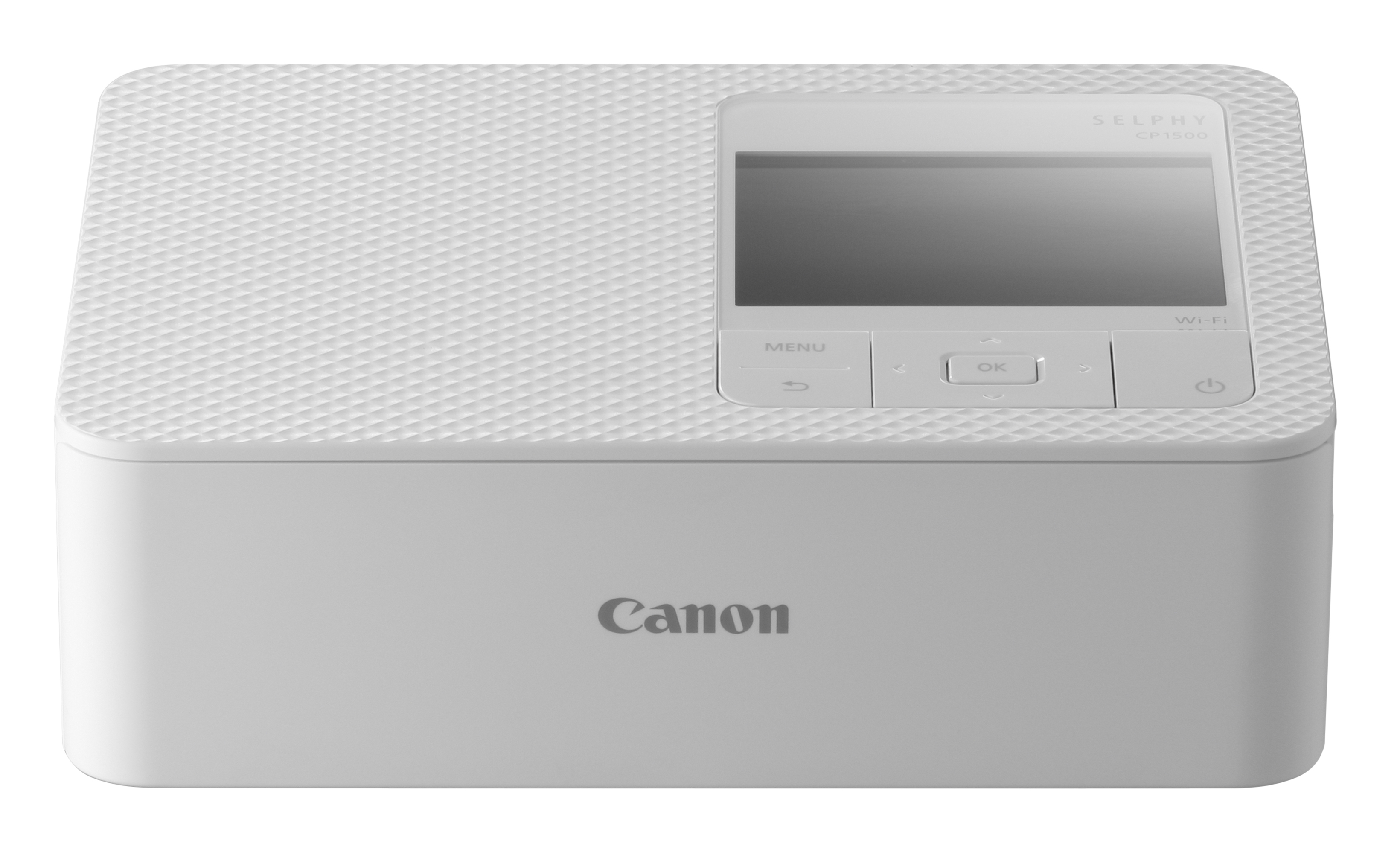 Weißer Canon Selphy CP1500 Drucker. Er hat einen Bildschirm und Menü-Tasten. Wi-Fi wird angezeigt.
