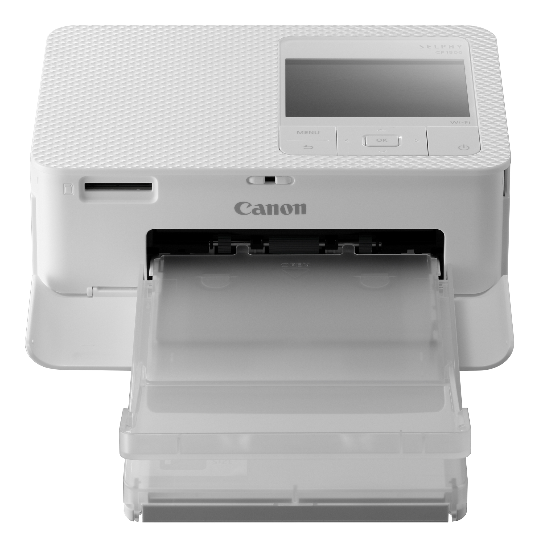 Weißer Canon Selphy Fotodrucker mit Ablage und Bildschirm. Weißer Hintergrund.