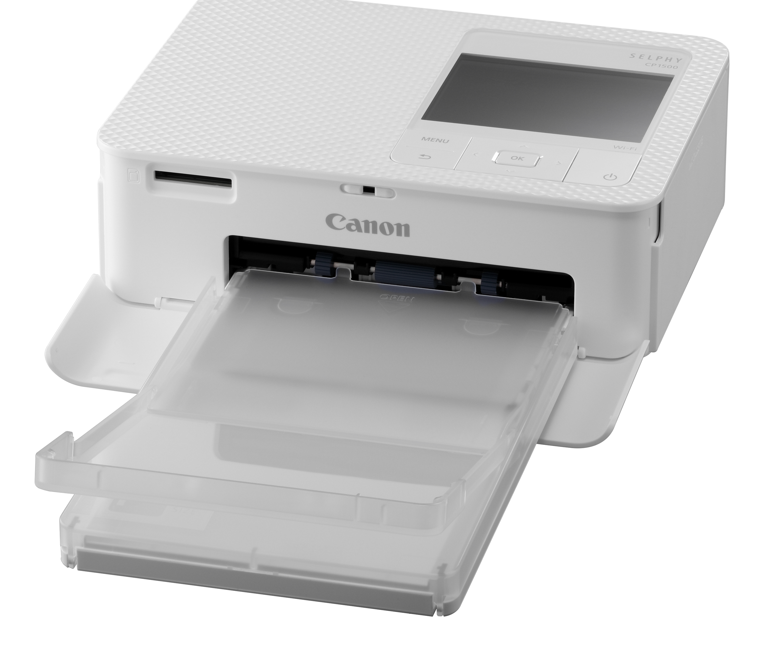 Weißer Canon Selphy Drucker mit geöffnetem Papierfach, zeigt eine transparente Kunststoffschale.