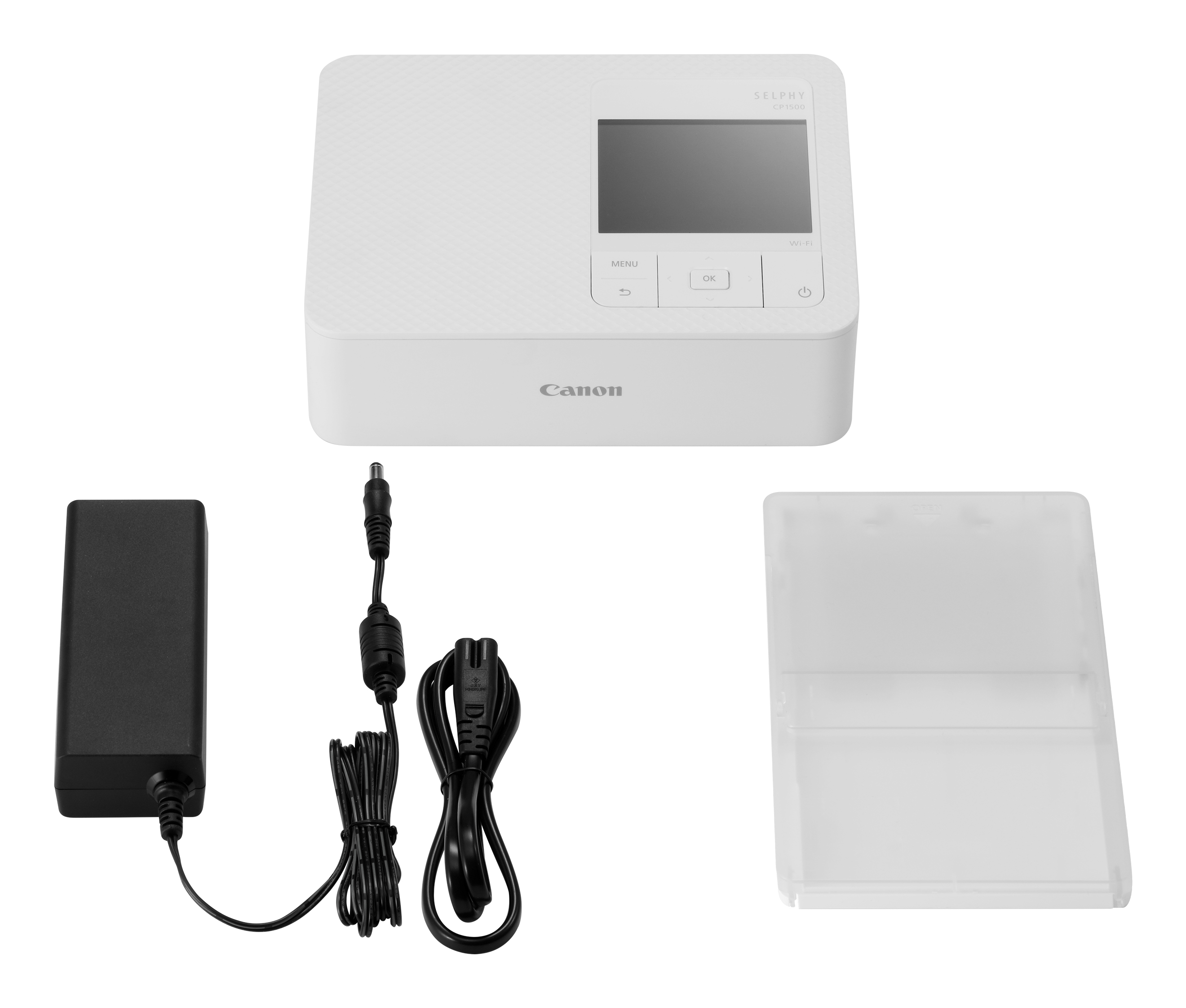 Canon Selphy Square QX10 Drucker mit Zubehör: Netzteil und Papieretui.