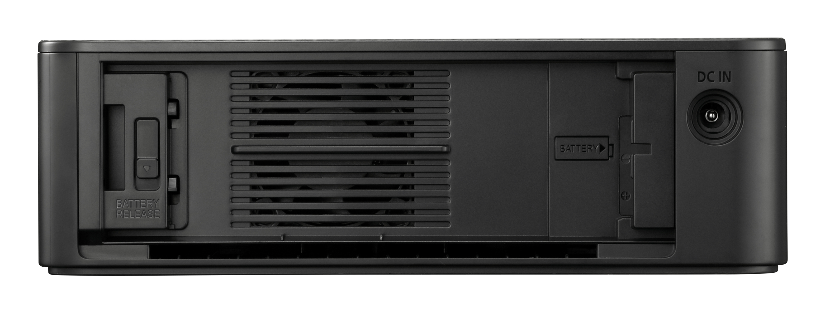 Geräterückseite mit Eingängen: Batteriefreigabe, DC-Eingang und Lüfter.