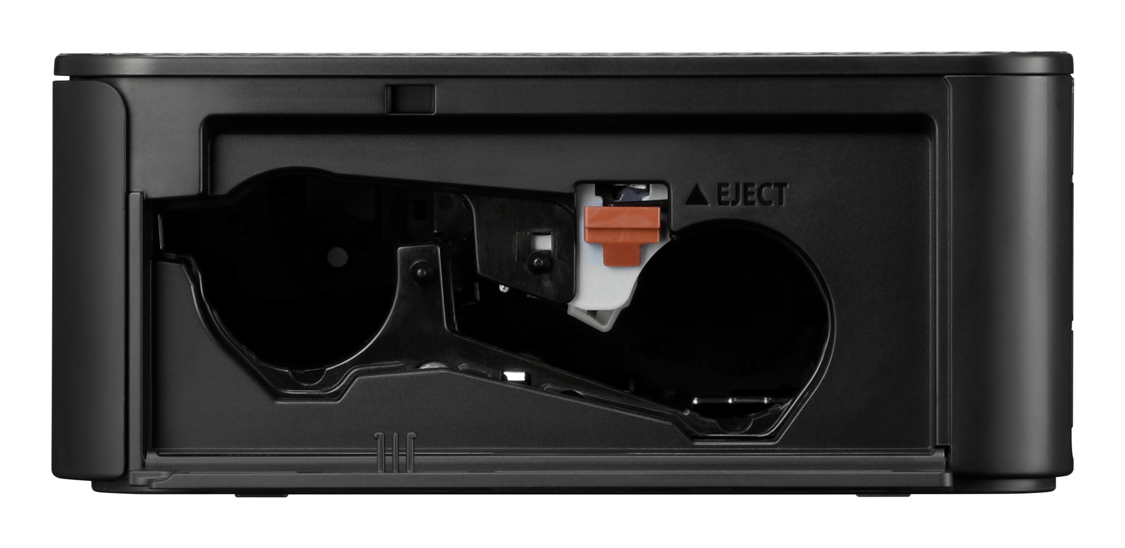 Schwarze CD-Player-Schublade, geöffnet, zeigt den Mechanismus und die Auswurftaste.