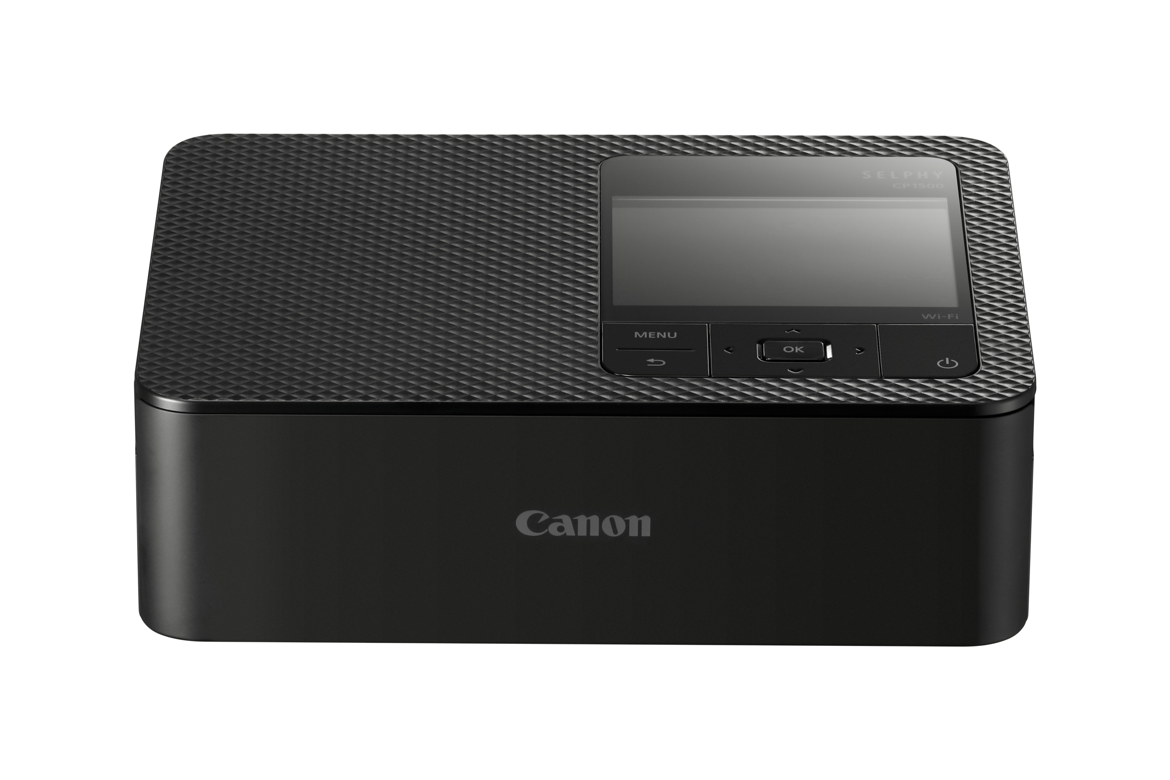 Schwarzer Canon Selphy CP1300 Drucker mit strukturierter Oberseite und Bildschirm.