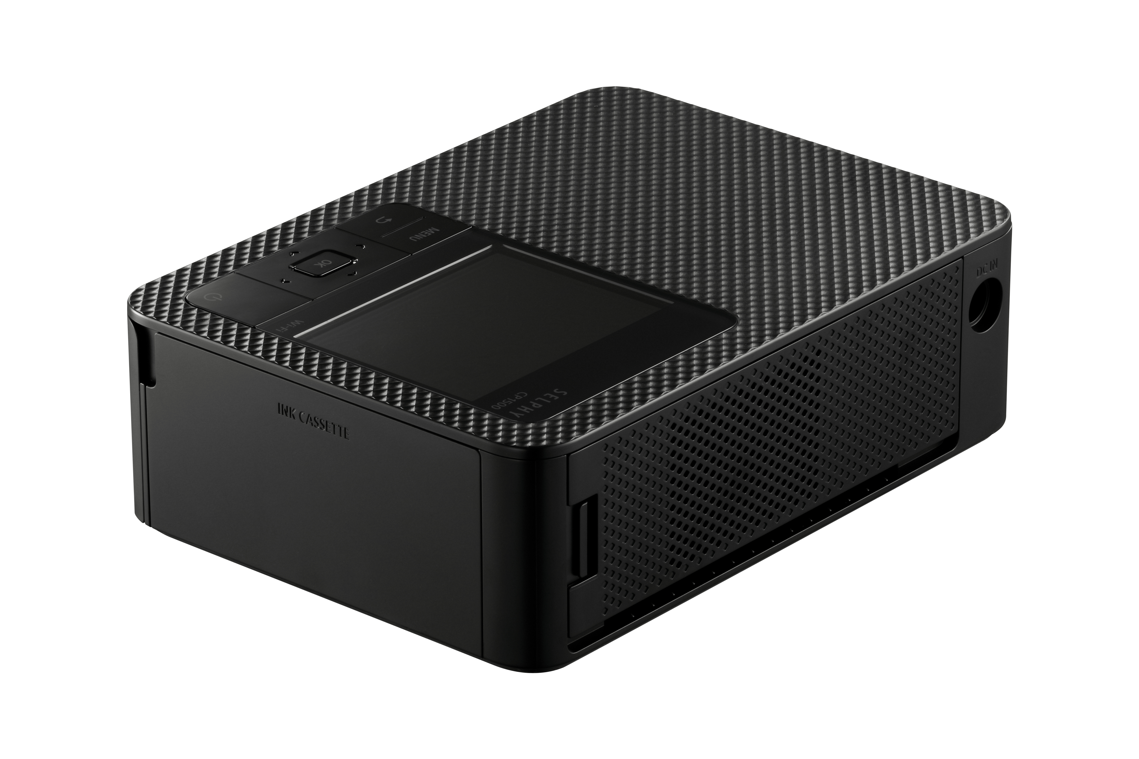 Schwarzer Fotodrucker mit Carbonfaserstruktur, mit Bildschirm und Knöpfen.