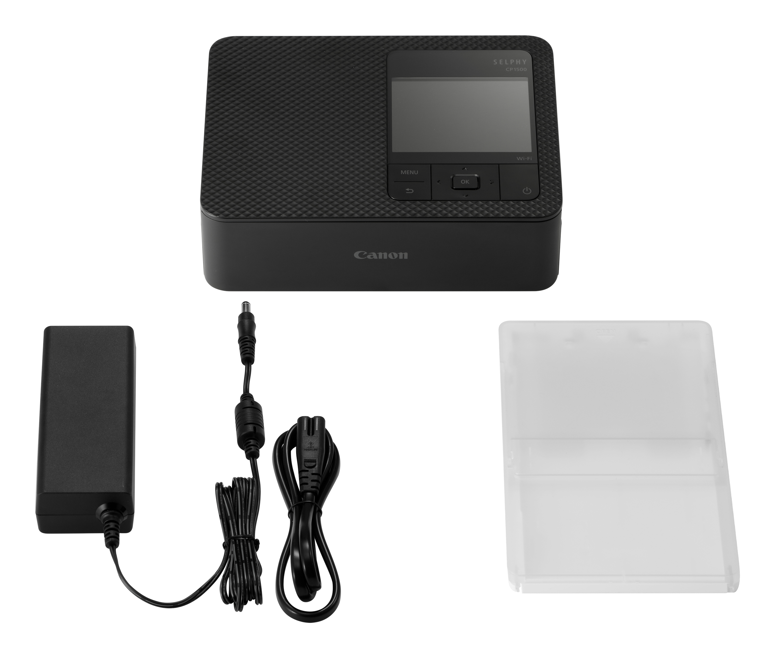 Ein schwarzer Canon Selphy CP1300 Drucker mit Zubehör: Netzteil, Kabel und ein Papierfach.