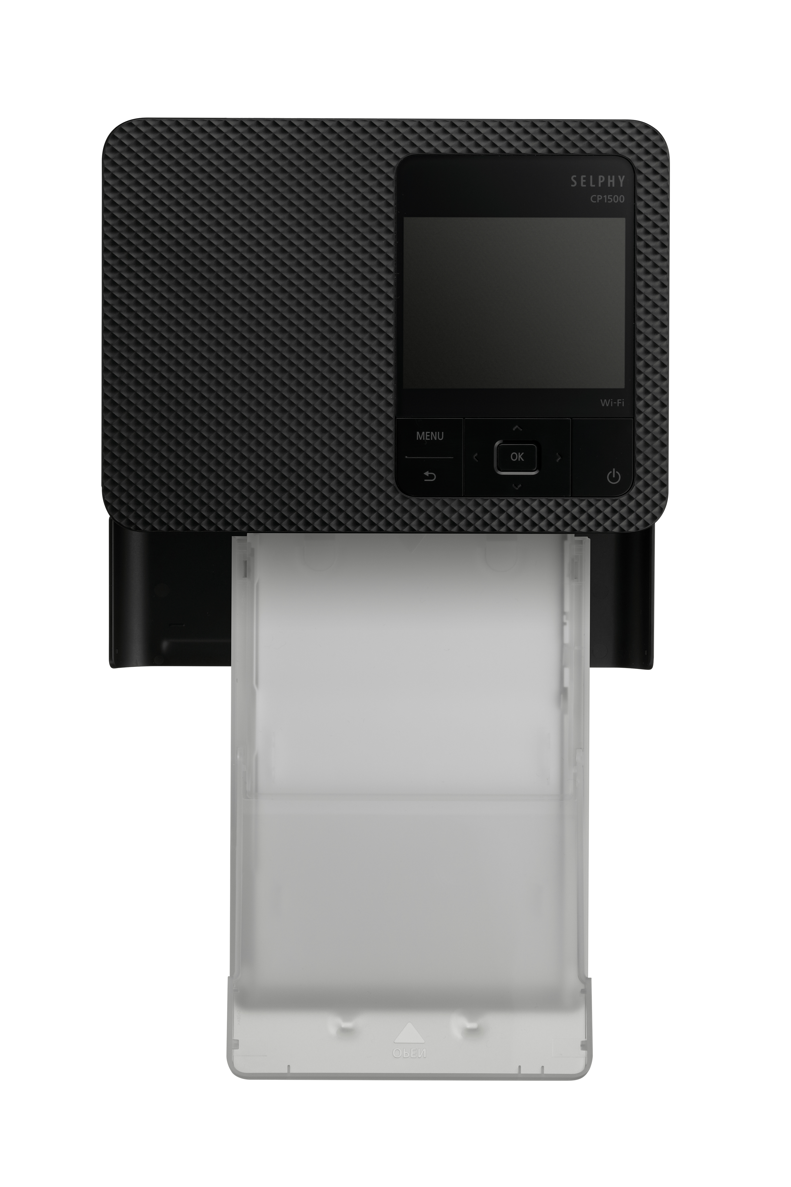 Ein schwarzer Canon SELPHY CP1500 Drucker mit ausgefahrenem Papierfach.