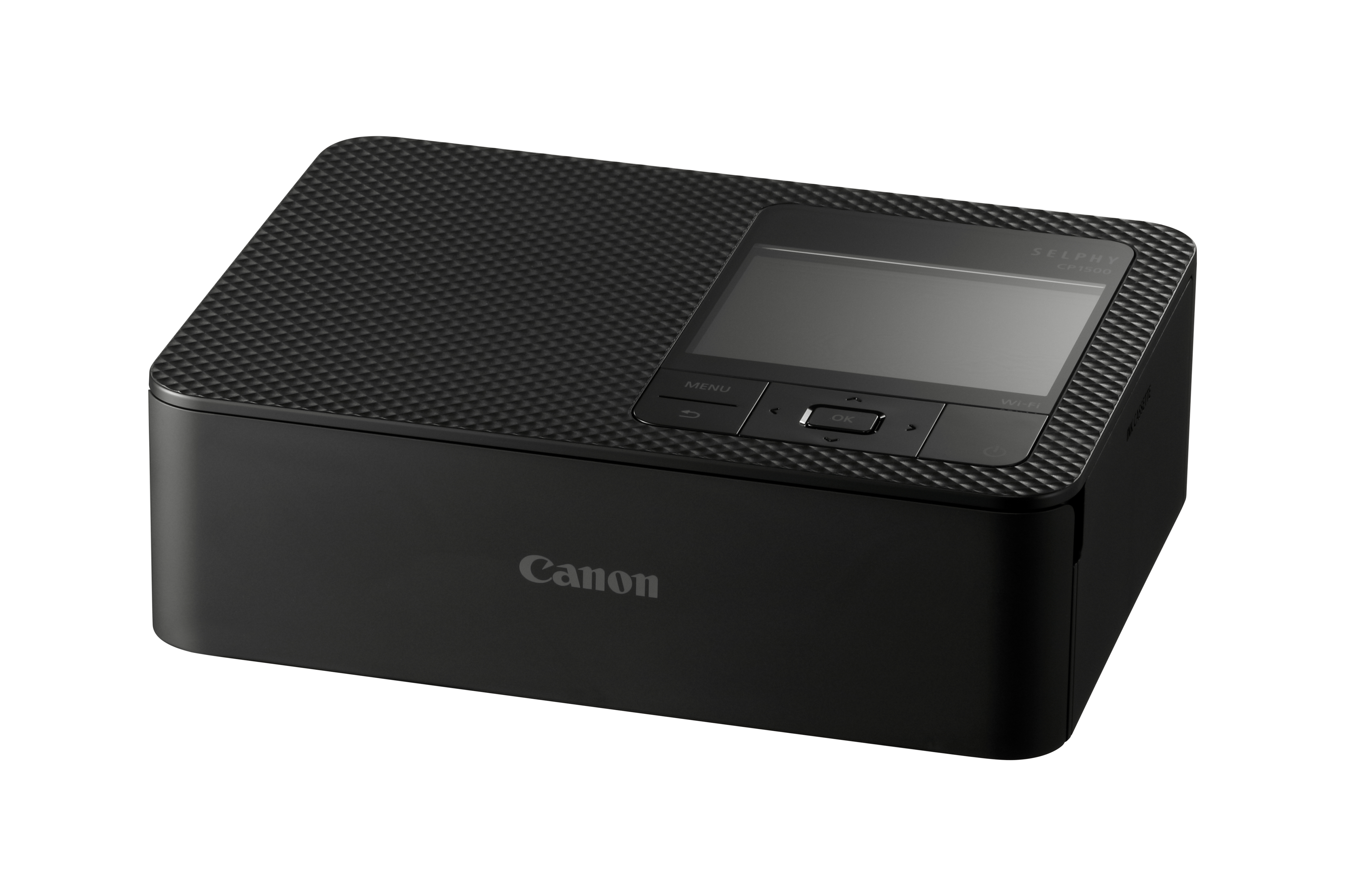 Schwarzer Canon Selphy CP1300 Drucker. Er hat einen Bildschirm und Steuertasten oben.