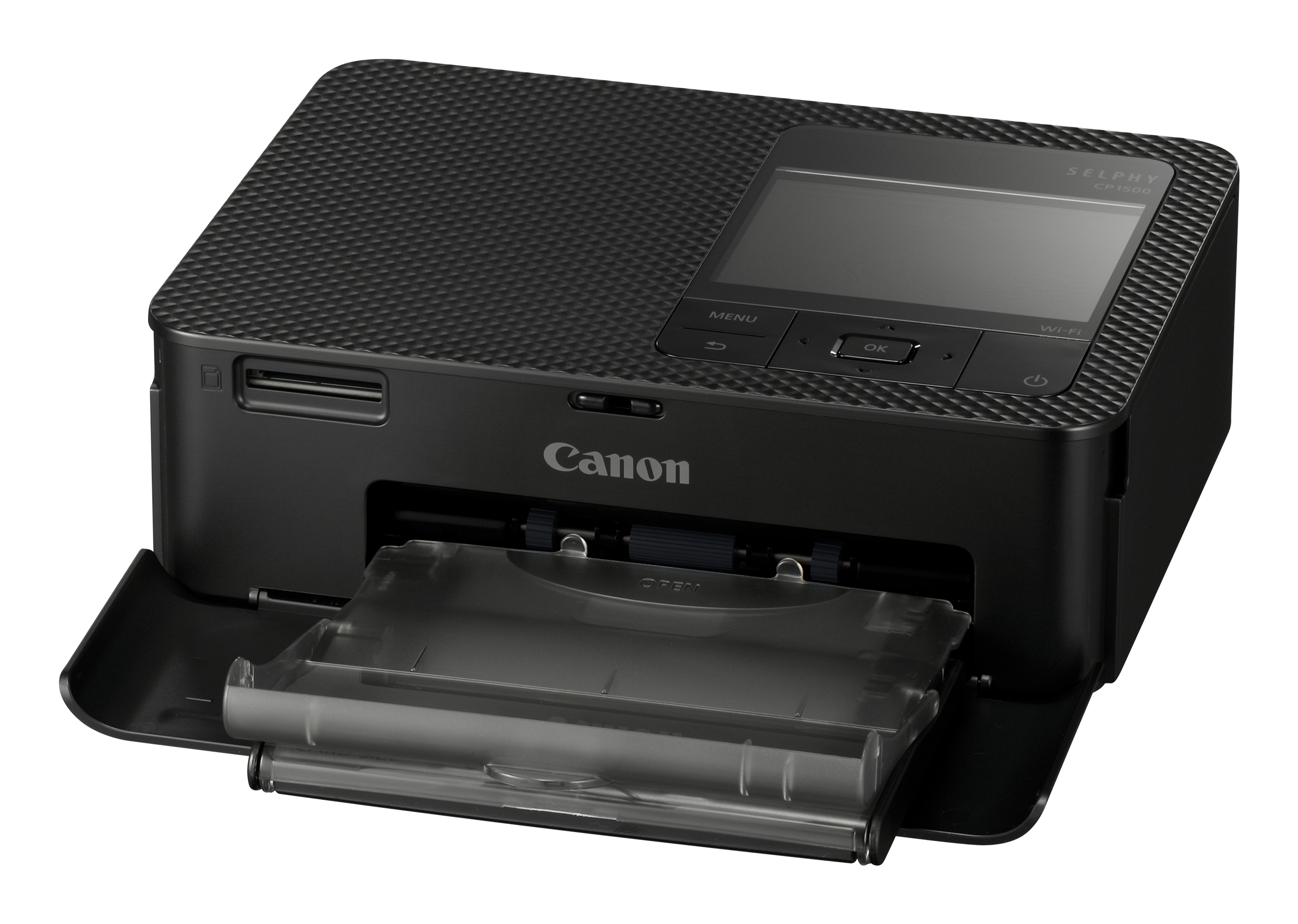 Schwarz-grauer Canon Selphy Drucker mit geöffnetem Fach, auf weißem Hintergrund.