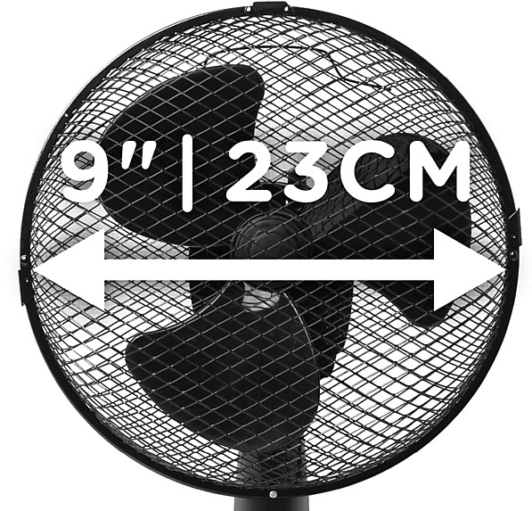 Czarny wentylator biurkowy. Wentylator ma czarną metalową siatkę i trzy łopatki. Rozmiar podano jako 9"| 23CM.