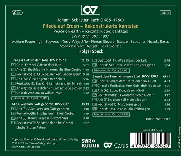 Rückseite einer CD mit Text über Bachs rekonstruierte Kantaten und Credits.