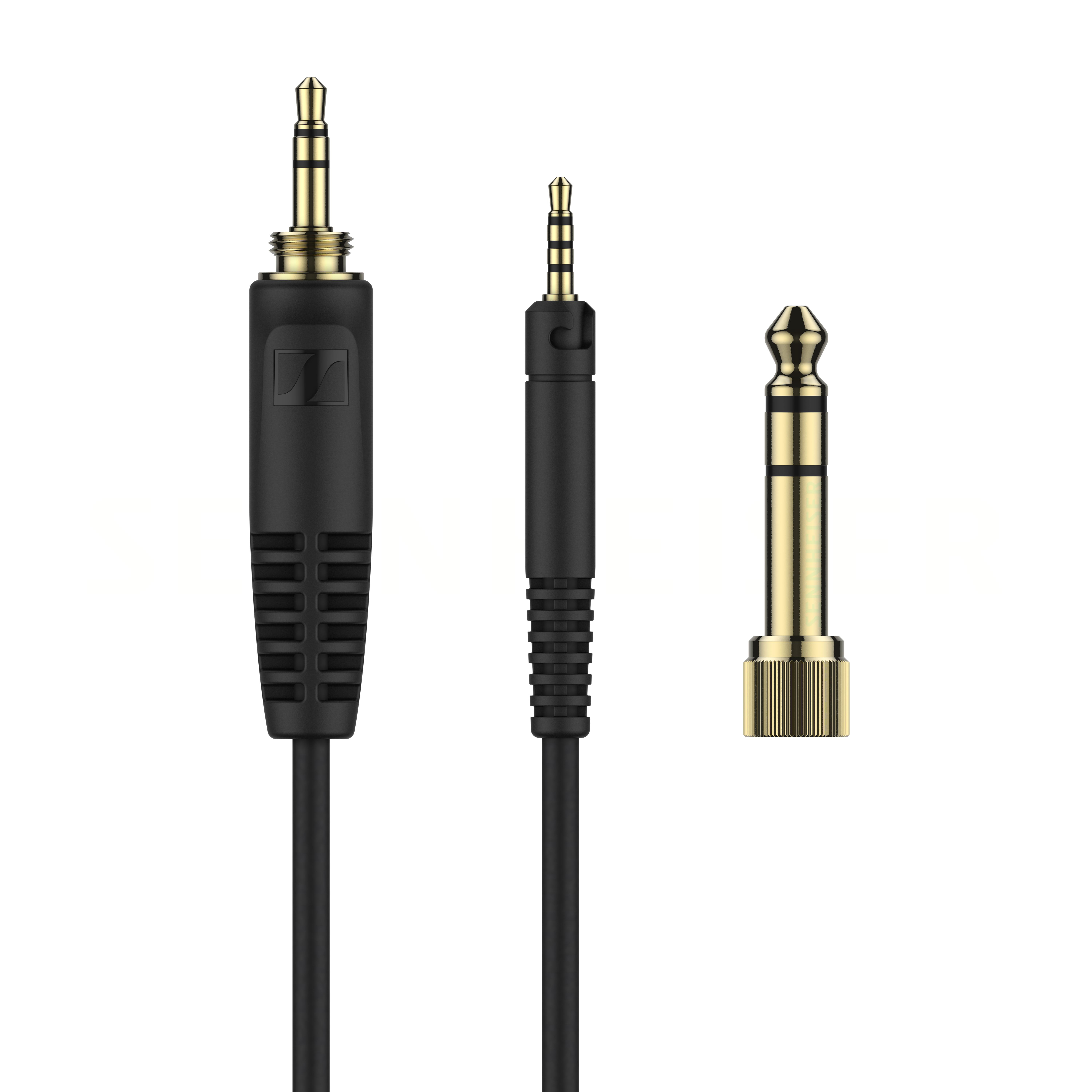 Drei Audioanschlüsse: ein gerader, ein abgewinkelter und ein 6,35-mm-Adapter.
