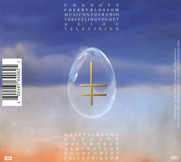 Albumcover mit eiähnlicher Form mit Kreuz in blauem Himmel.