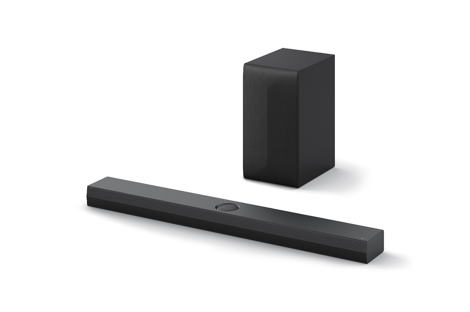 Siyah bir soundbar ve bir subwoofer. Beyaz zemin.