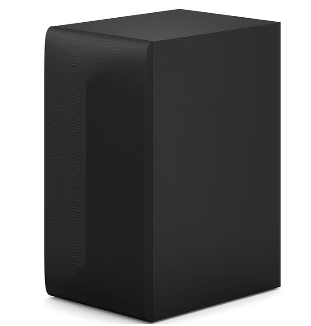 Siyah dikdörtgen bir subwoofer. Kumaş kaplı bir ön ve yanlara sahip.