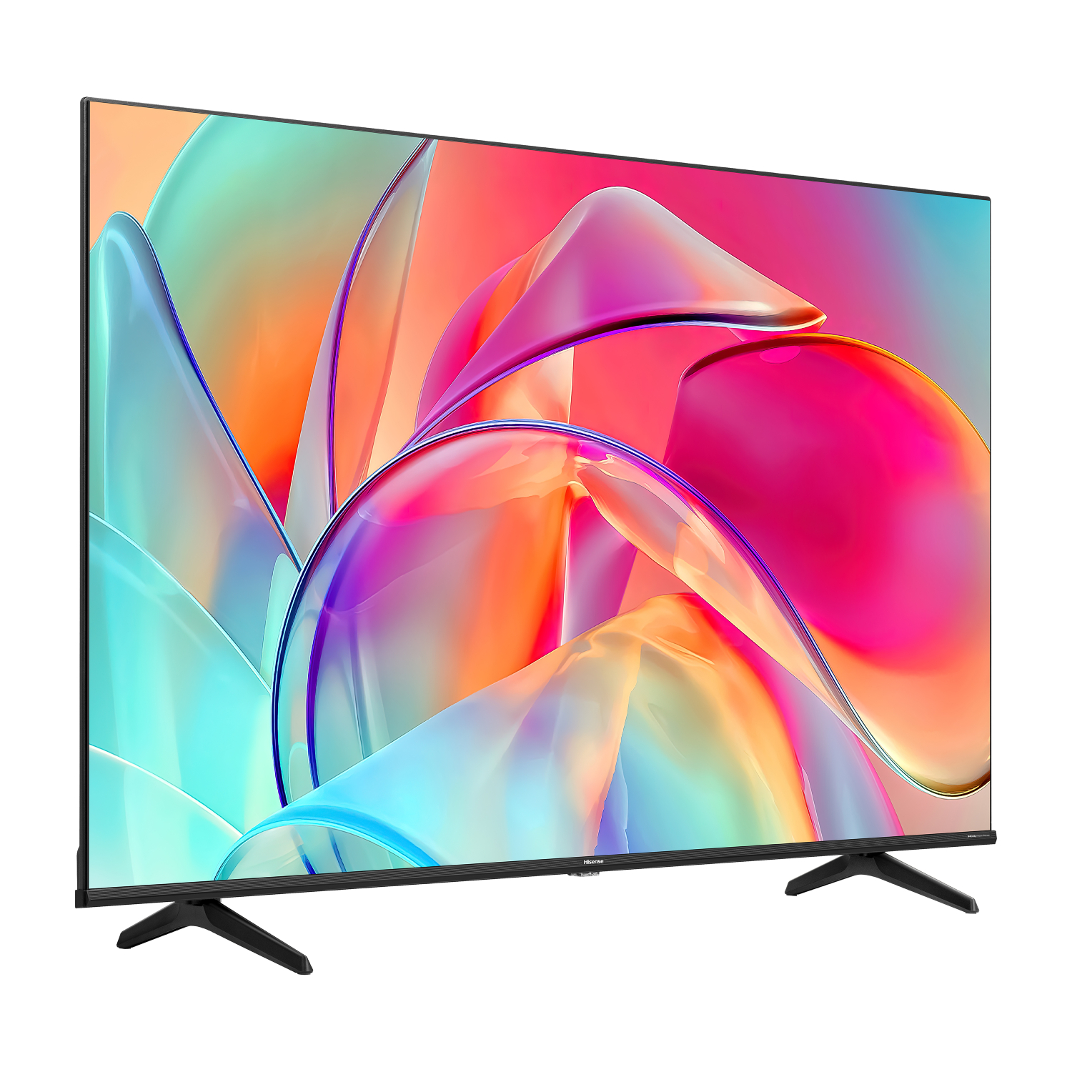Televisor de pantalla plana grande con pantalla abstracta colorida, soporte negro.