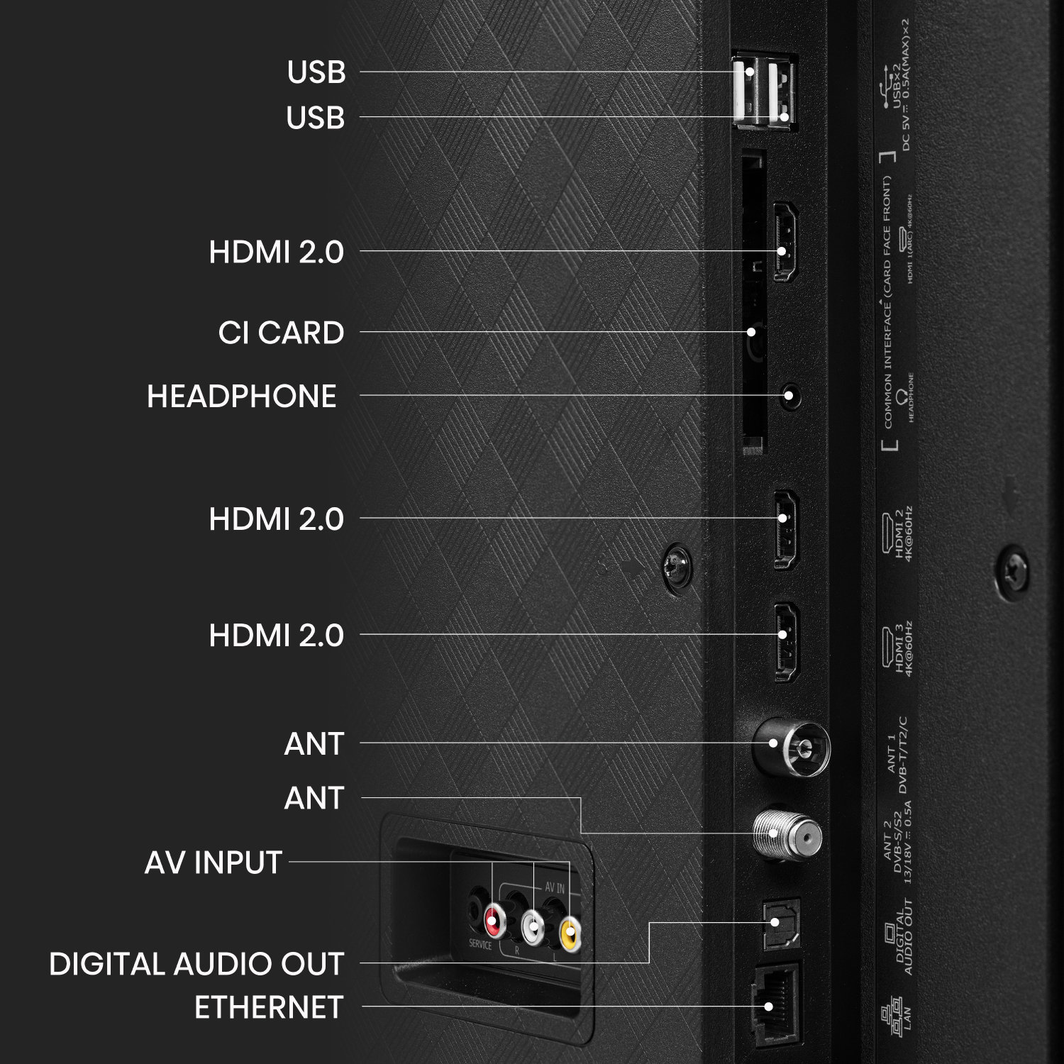 Panel trasero de TV con varios puertos etiquetados: USB, HDMI, CI Card, Headphone, ANT, AV Input, Digital Audio Out.