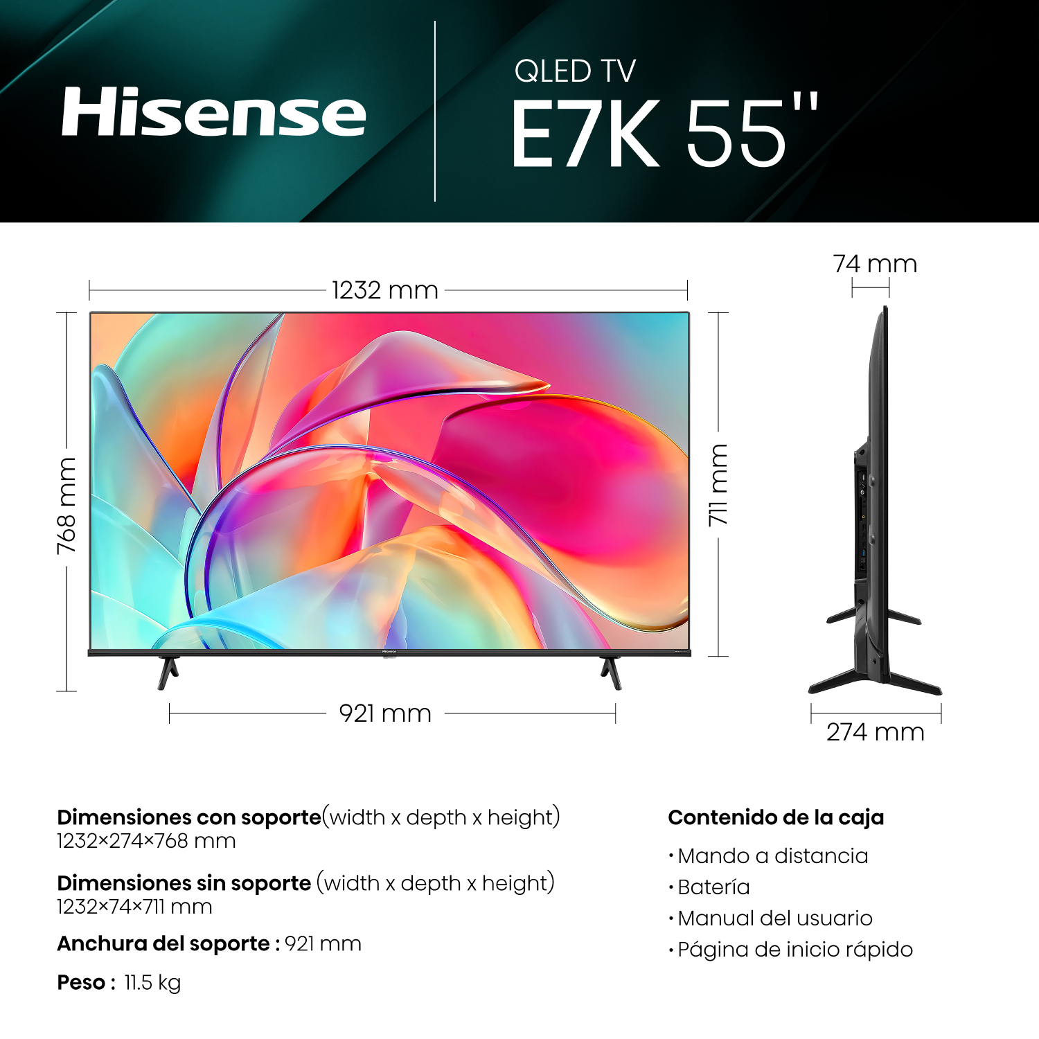 Un televisor Hisense con dimensiones y especificaciones.