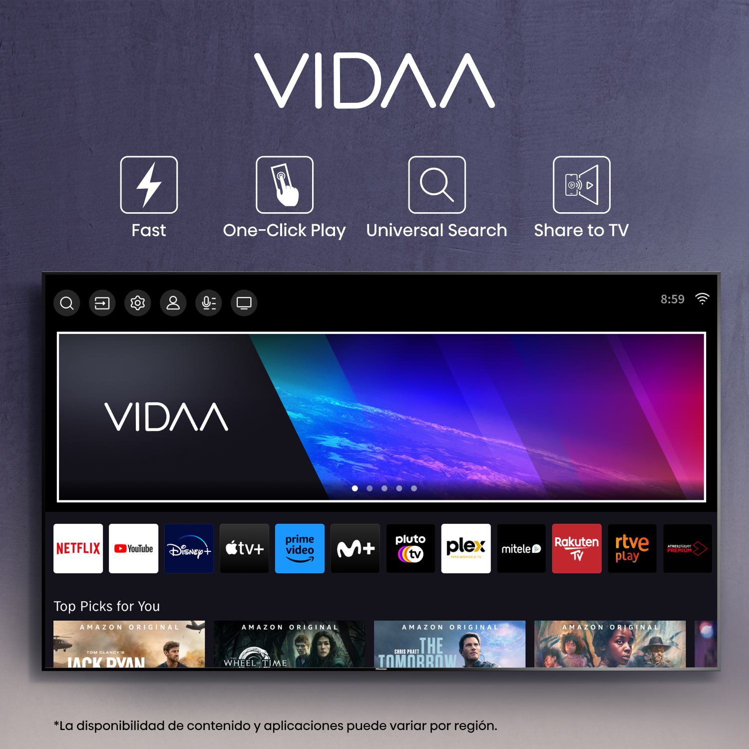 Pantalla de TV con apps, banner superior 'VIDAA' e iconos.