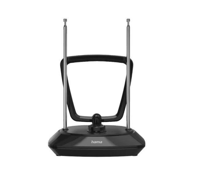 Czarna antena wewnętrzna z dwiema antenami i czarną podstawą. Widoczna marka 'hama'.