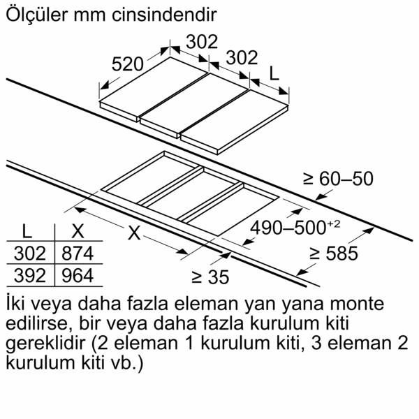 Bir ocak üstü teknik çizimi. Boyutlar ve montaj talimatları mevcut. Beyaz üzerine siyah çizgiler.