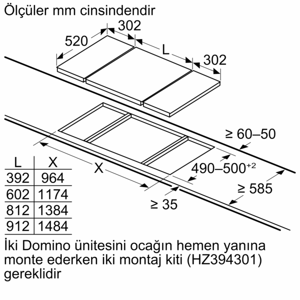 Boyutları ve işaretlemeleri olan bir ocak için ölçümlerle teknik bir çizim.