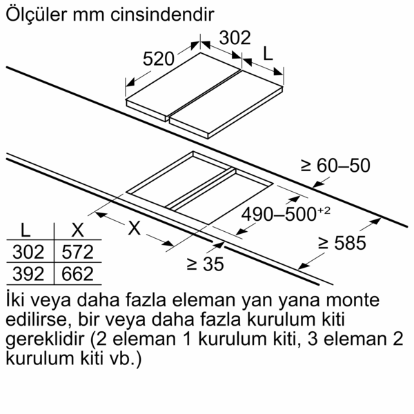 İki ocak elemanı için ölçüleri gösteren diyagram. Ölçüler milimetre cinsindendir.
