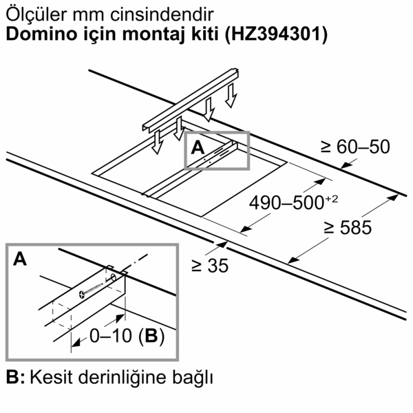 Boyutları gösteren bir ocak çizimi. Montaj braketinin detaylı görünümü.