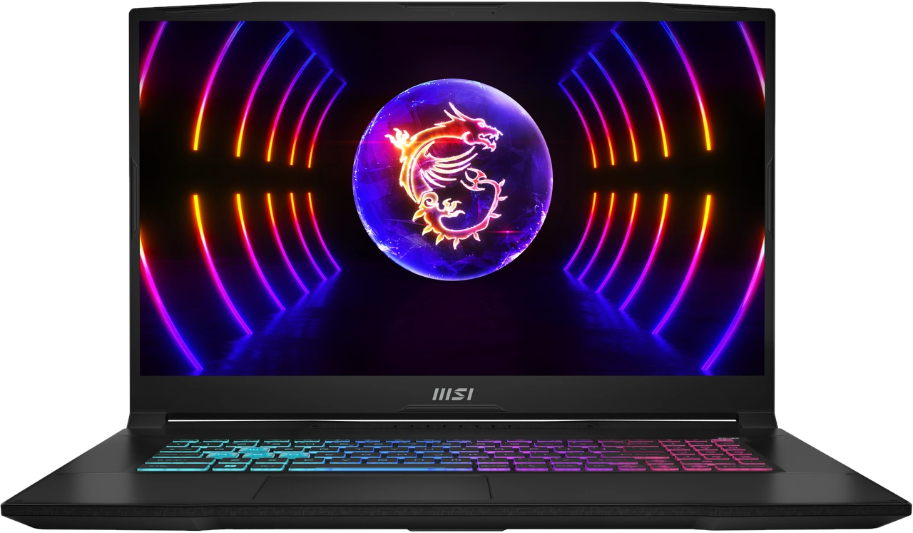 MSI laptop met een draak op het scherm. Toetsenbord is veelkleurig. Zwarte achtergrond.