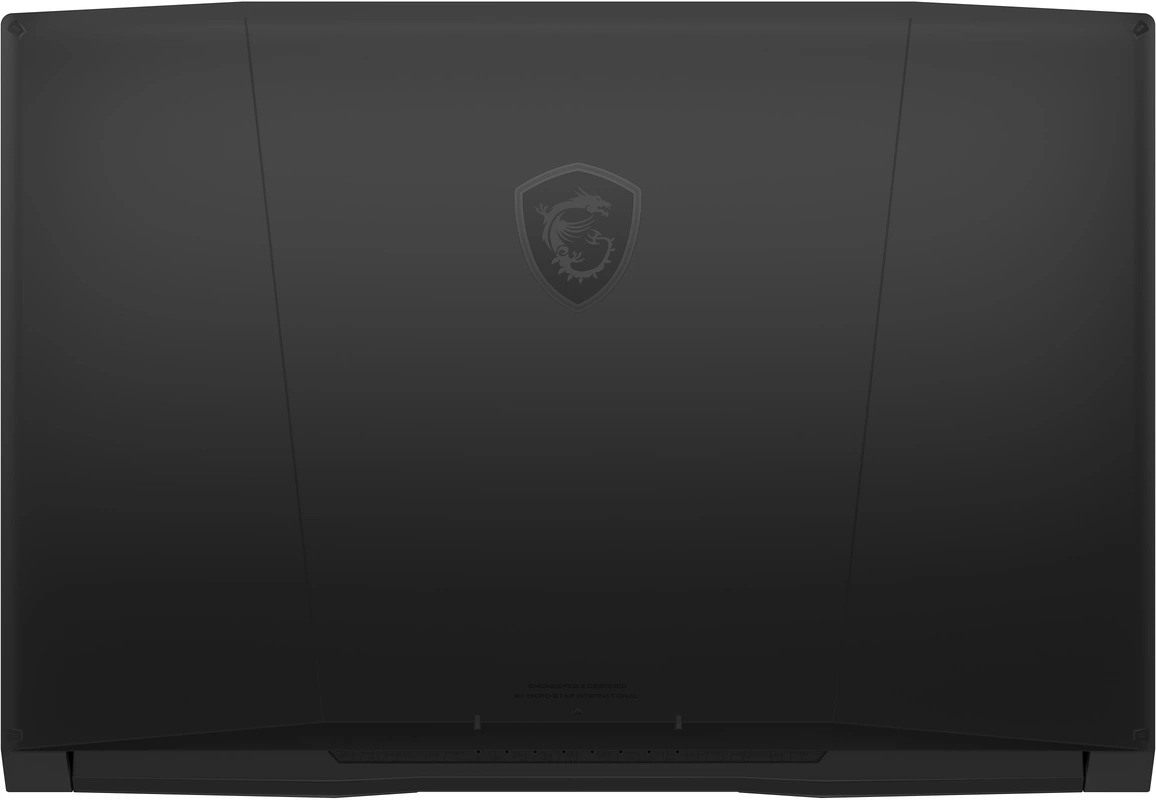 Zwart laptopdeksel met MSI-logo, tegen een witte achtergrond, bovenaanzicht.