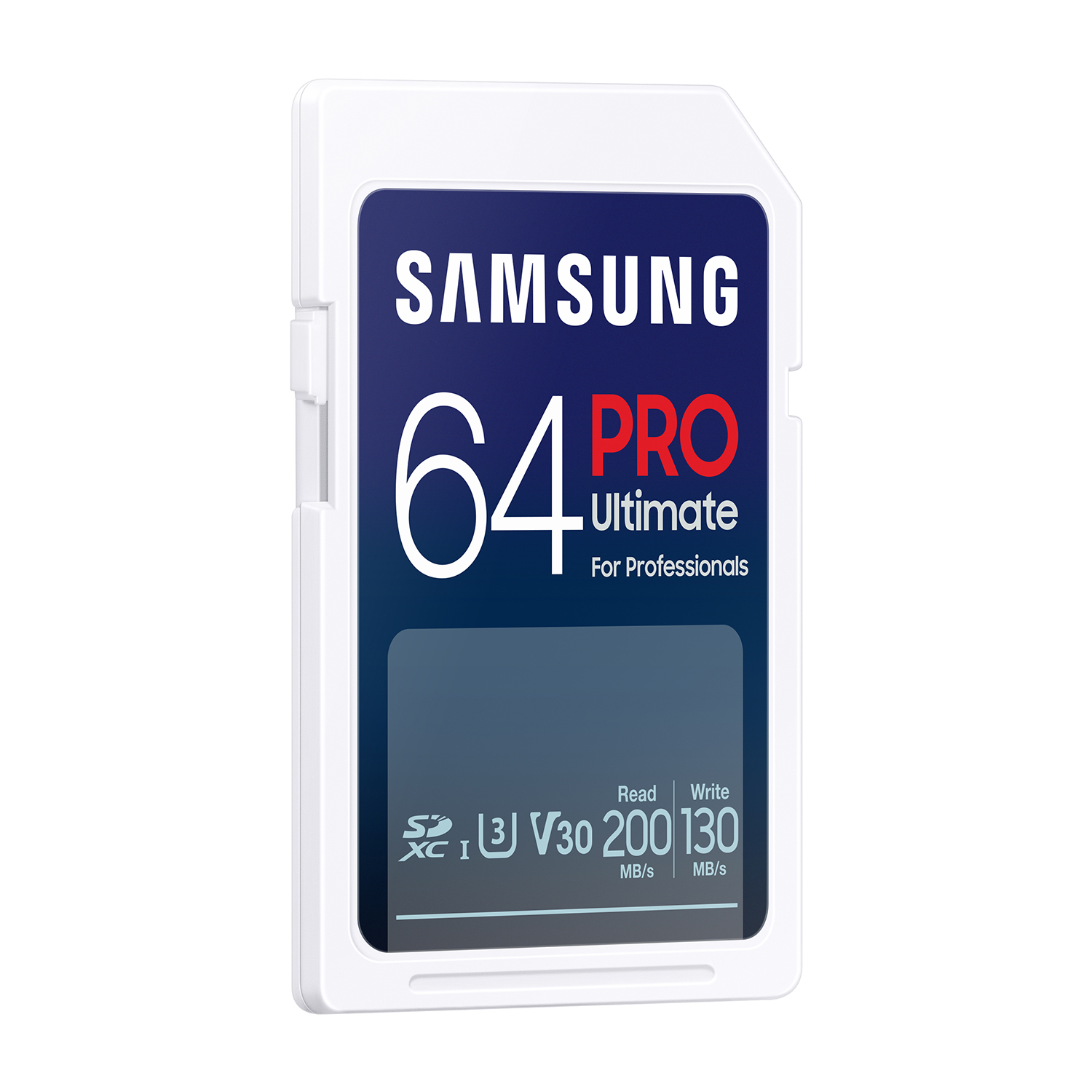 Scheda SD Samsung bianca da 64 GB. Design nero e blu. Testo: 64 PRO Ultimate.