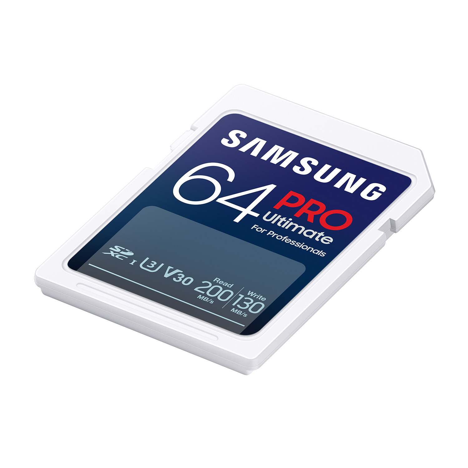 Scheda SD Samsung Pro 64GB bianca e blu, isolata.