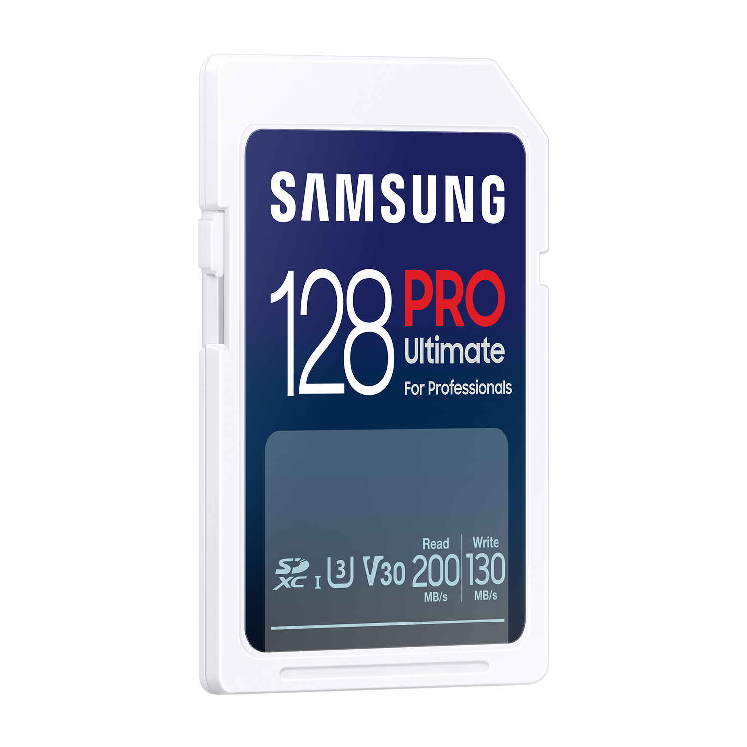 Scheda SD Samsung Pro 128GB bianca e blu, isolata.