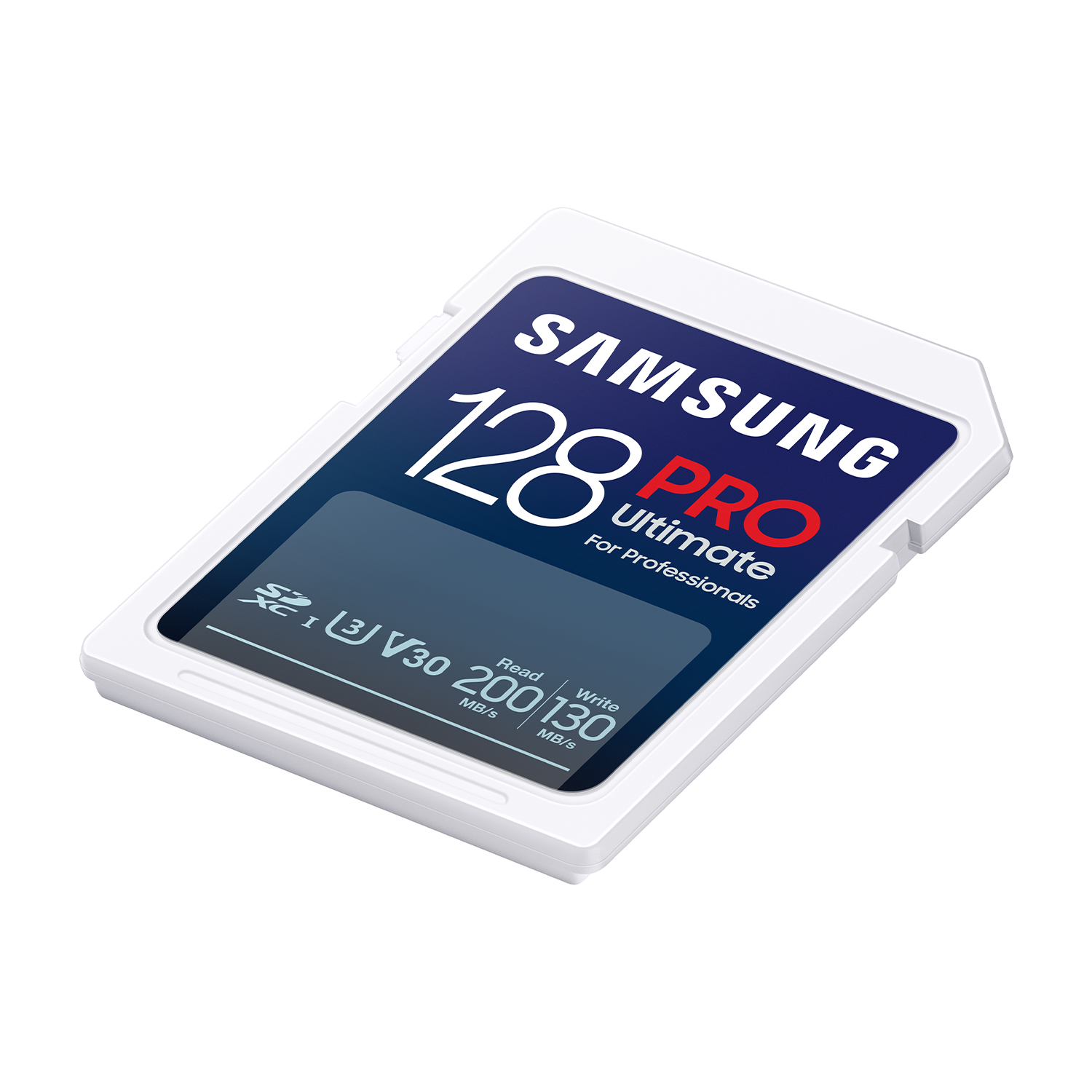 Scheda SD Samsung Pro 128GB bianca e blu, isolata.