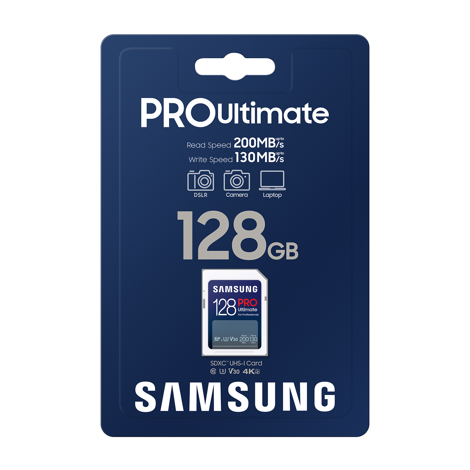 Una confezione di schede SD Samsung Pro Ultimate da 128 GB blu con icone di velocità e fotocamera.