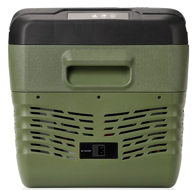 Zielona i czarna chłodziarka, z panelem sterowania na górze i otworem wentylacyjnym na dole.