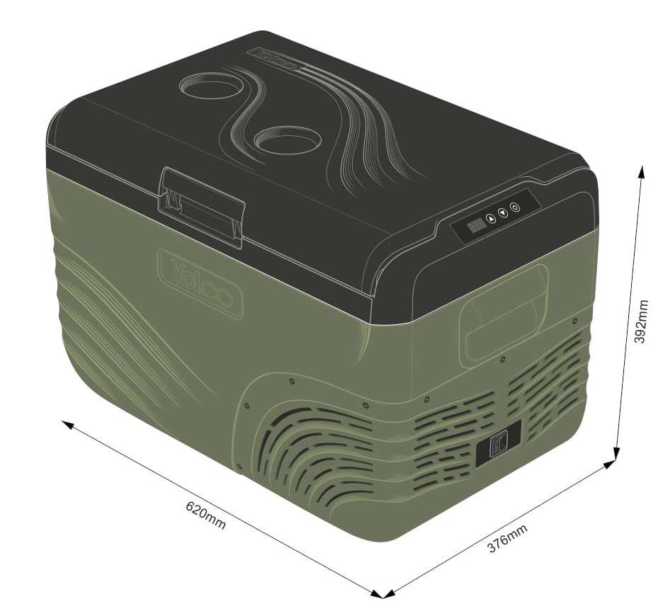 Przenośna chłodziarka z wymiarami. Zielony korpus, czarna pokrywa z uchwytami na kubki. Bok z wentylacją i panelem sterowania.